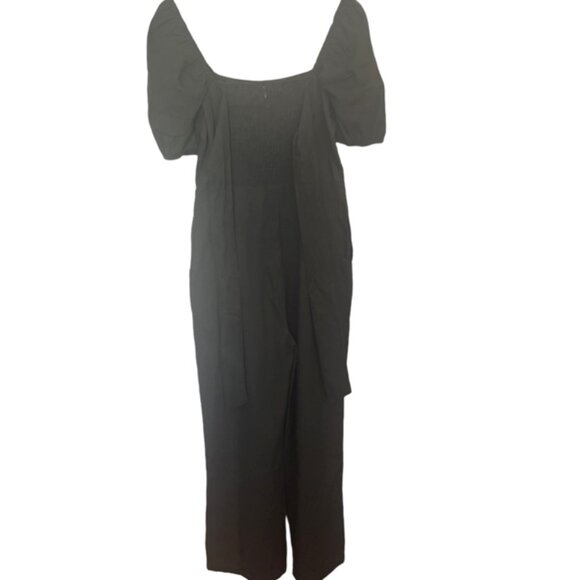 Francesca's Audrey Parks Linen Blend Puff Sleeve Jumpsuit Olive Green Size M - Picture 3 of 4